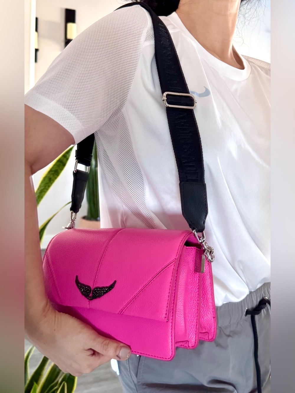 Zadig & Voltaire Hot Pink Leather Crossbody Bag with Crystal Wing Accent - Picture 9 of 9